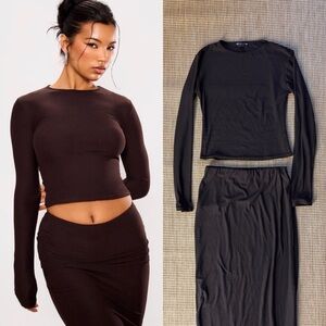 PLT soft touch long sleeve top and skirt set in chocolate brown